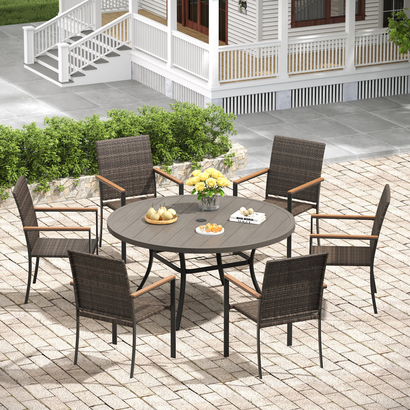 6-Person Patio Dining Set with Metal Round Dining Table and 6 Rattan Armrest Dining Chairs, Brush Wood Gray/Brown