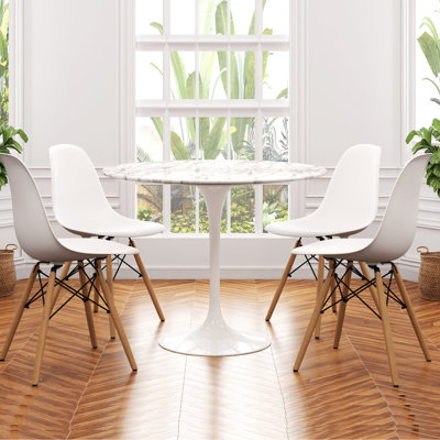 Modholic Tulip 32" Marble Dining Table & Set Of 4 Eiffel Chairs, White