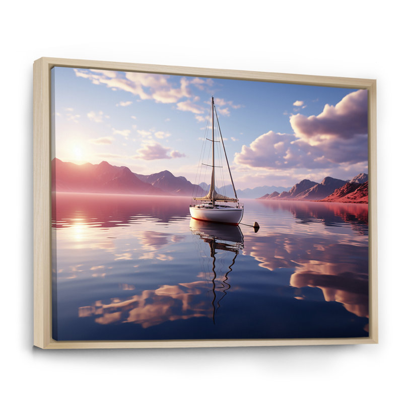 Voilier blanc, nuage rose, coucher de soleil, réflexion sur toile, 24" H x 32" W, Cadre naturel flottant