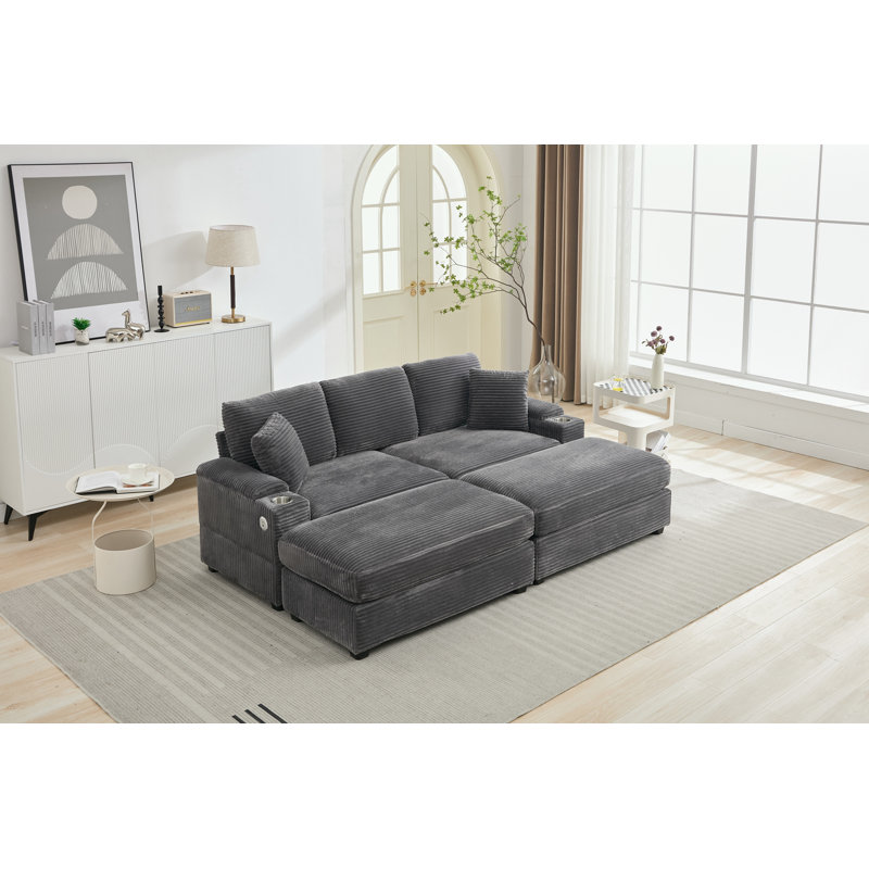 Canapé à assise profonde avec repose-pieds, porte-gobelet et port USB, Gris