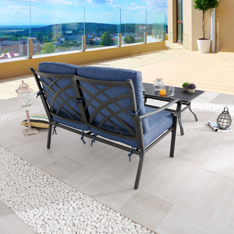 2-Piece Metal Patio Conversation Set With Cushions And Slatted Coffee Table, Blue