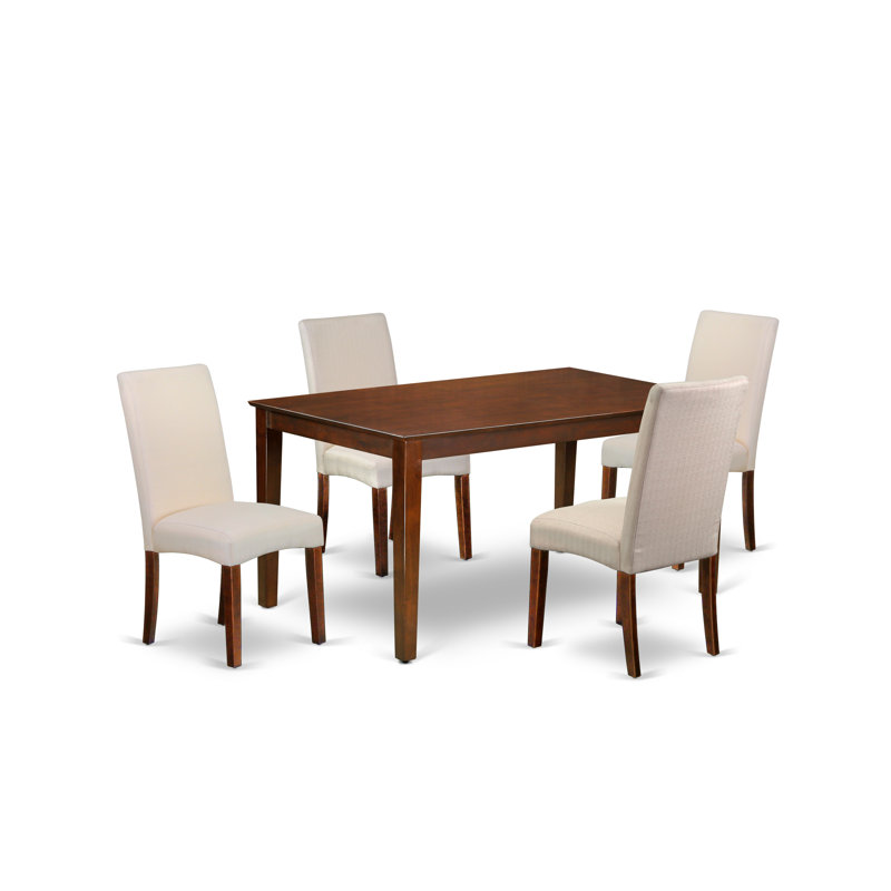 5 Piece Modern Dining Table Set Includes a Rectangle Wooden Table and 4 Cream Linen Fabric Upholstered Chairs, 36x60 Inch, Mahogany