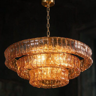9‑Light Chandelier, 32 Inch Polished Brass Ceiling Fixture, Hand‑Blown Amber Glass for Dining Room, Foyer, Living Room