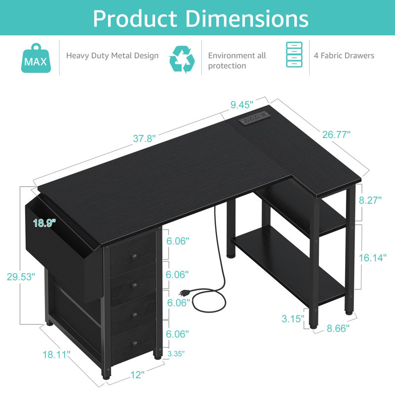 Built-in Outlets L-Shaped Computer Desk with Drawers & Storage Shelves, 29.5" H x 47" W x 19.7" D, Black