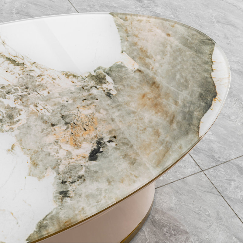 Table basse ovale de luxe de 51,18 po avec tiroir, plateau en verre imprimé, structure en acier inoxydable brossé 201 #, centre de rangement de salon moderne