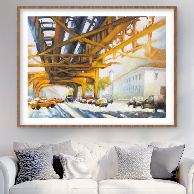 Trafic sous le pont - Pont, reproduction d'art contemporain encadrée, Brun