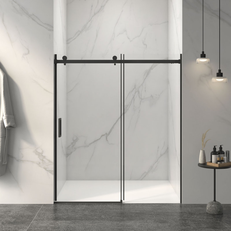 Porte de douche coulissante sans cadre l 56 à 60 po x H 72 po, verre trempé clair de 5/16 po (8 mm) de large épaisseur, couche facile à nettoyer, avec tampon