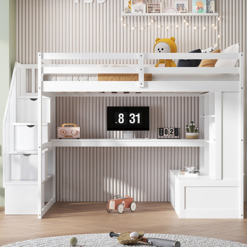 Lit mezzanine double blanc avec bureau, tablettes, tiroirs et escalier de rangement efficace taille 2