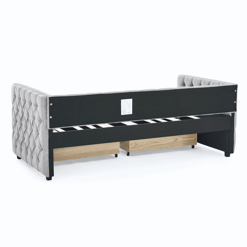 Upholstered Daybed With Two Drawers, With Button And Copper Nail On Square Arms