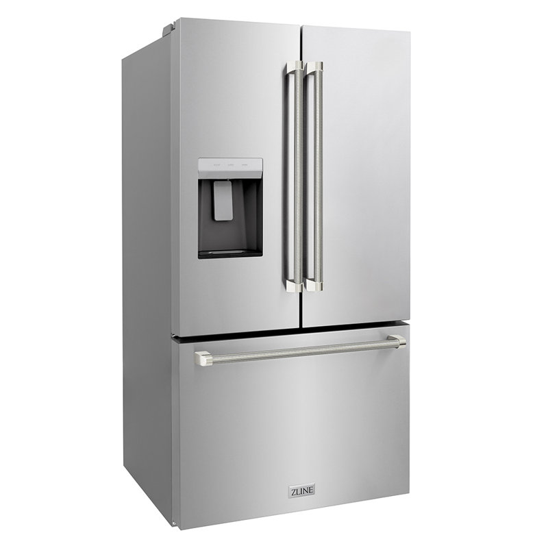 ZLINE Autograph 36 in. Stainless Standard-Depth Fridge w/ Dual Ice Maker & Nickel Helix Handles, Polished Nickel