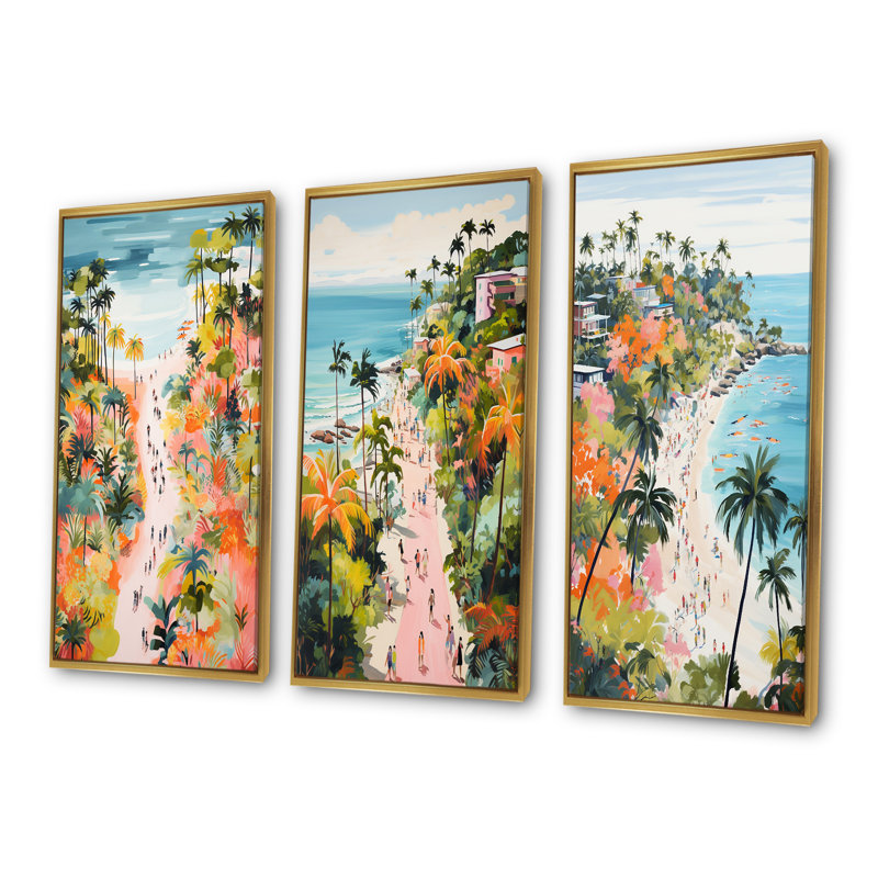 Scène de plage côtière, paradis en couleur pastel I - ensemble de 3 impressions sur toile de plage côtière, H 40 po x l 60 po