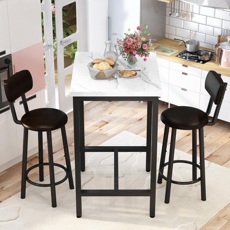 3-Piece Small Bar Table And Chairs Set, Modern Bar Table And Stools With Square Table And PU Stools, Breakfast Coffee Table For 2 With Footrest And For Home & Kitchen Dining Room