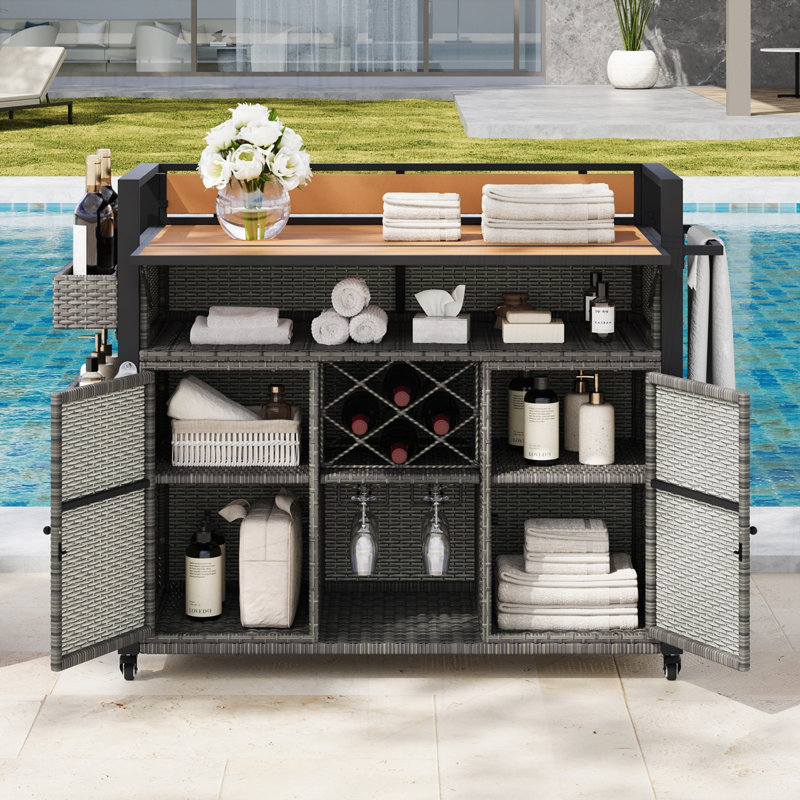 52.8"W Wicker Outdoor Grill Cart with Extended Plastic Wood Table Top, Grey
