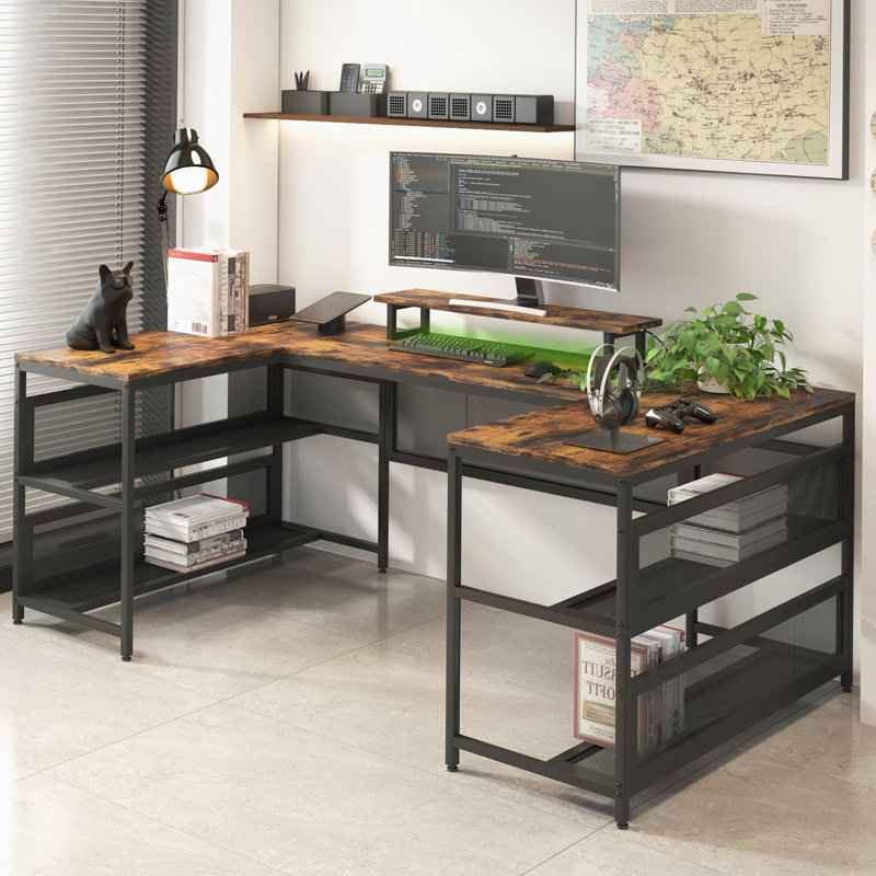 Natoria L-Shaped Metal Base Credenza Desk, Brown