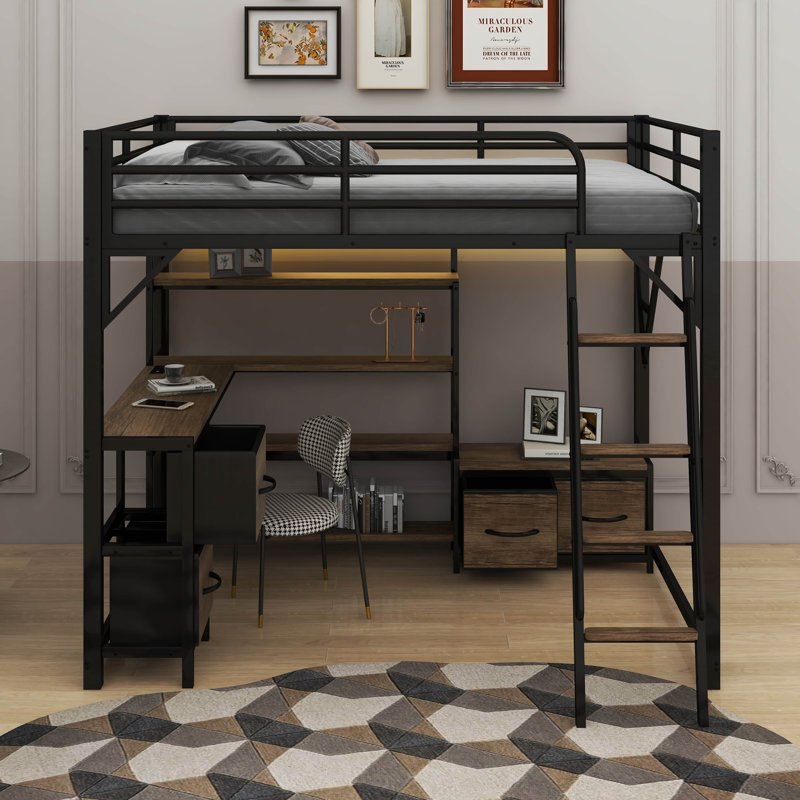 Lit mezzanine double avec bureau et lumière, lit mezzanine en métal avec tablettes de rangement, garde-robe et tiroirs
