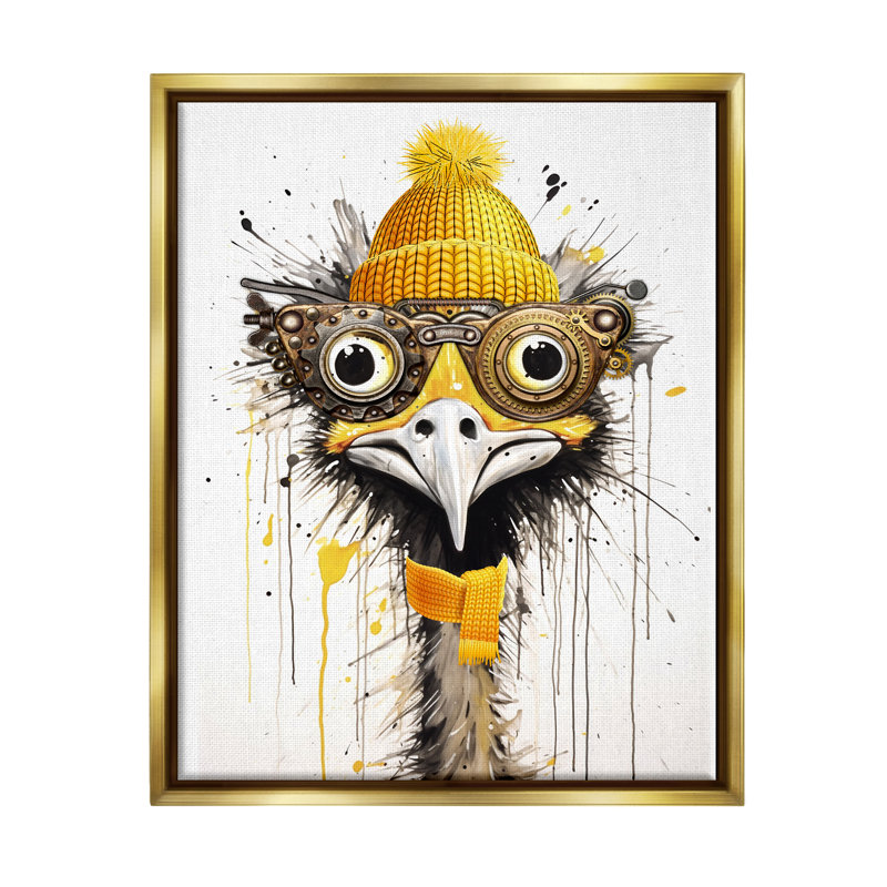 Emu Steampunk jaune, H 31 po x l 25 po x P 1,7 po, Cadre flottant métallique doré