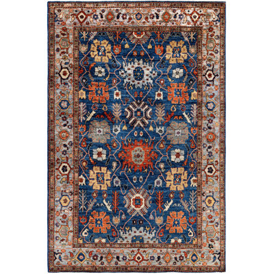 Tapis unique noué à la main Dobbins - bleu, 6 pi 0 po x 9 pi 1 po
