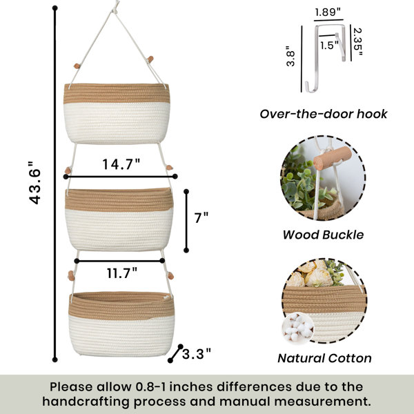 Over the Door Hanging Basket, 3-Tier Woven Cotton Wall-Mounted