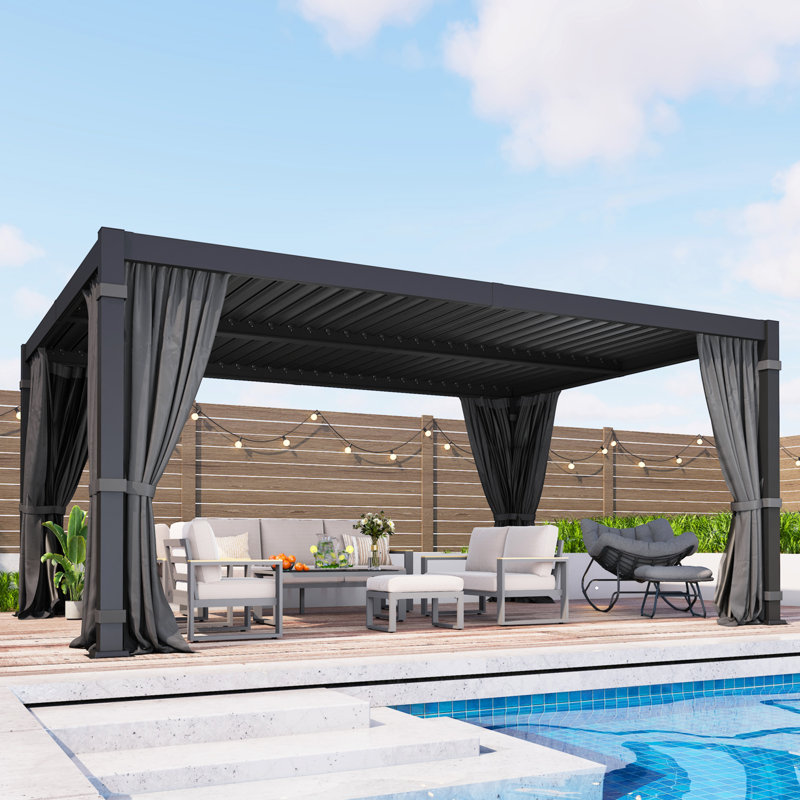 12' x 16' Louvered Pergola, Outdoor Pergola with Adjustable Metal Louvers & Hidden Drainage, Weather Resistant Patio Pergola for Backyard, Poolside