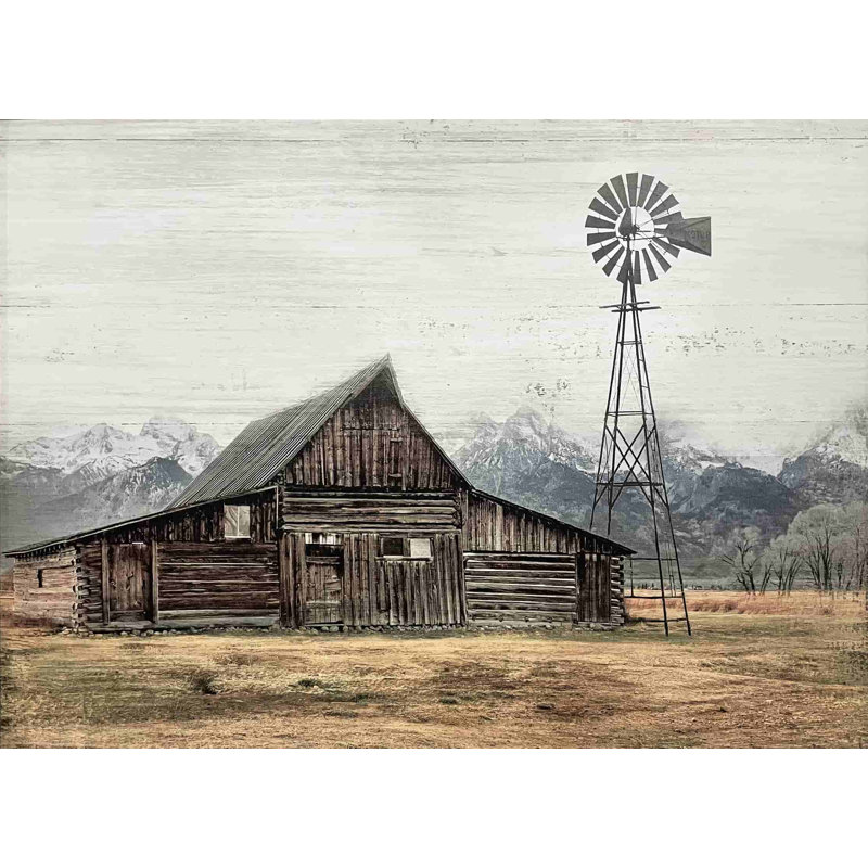 Vieille grange sous les montagnes enneigées sur toile, H 12 po x l 16 po x P 1 po
