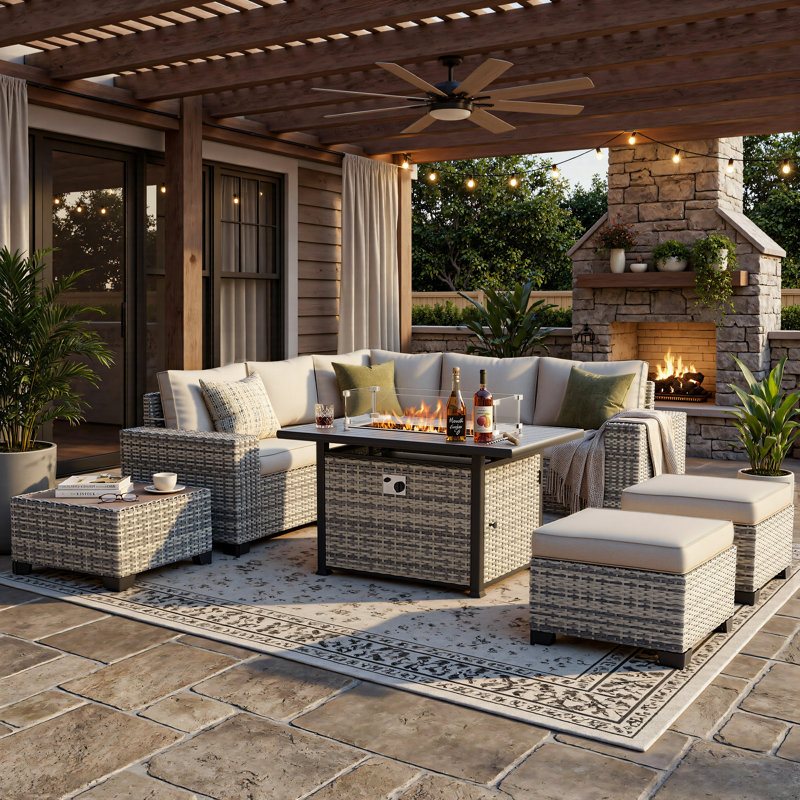 Ensemble de conversation modulaire de patio 9 pièces avec table foyer, canapé sectionnel et deux poufs, Taupe