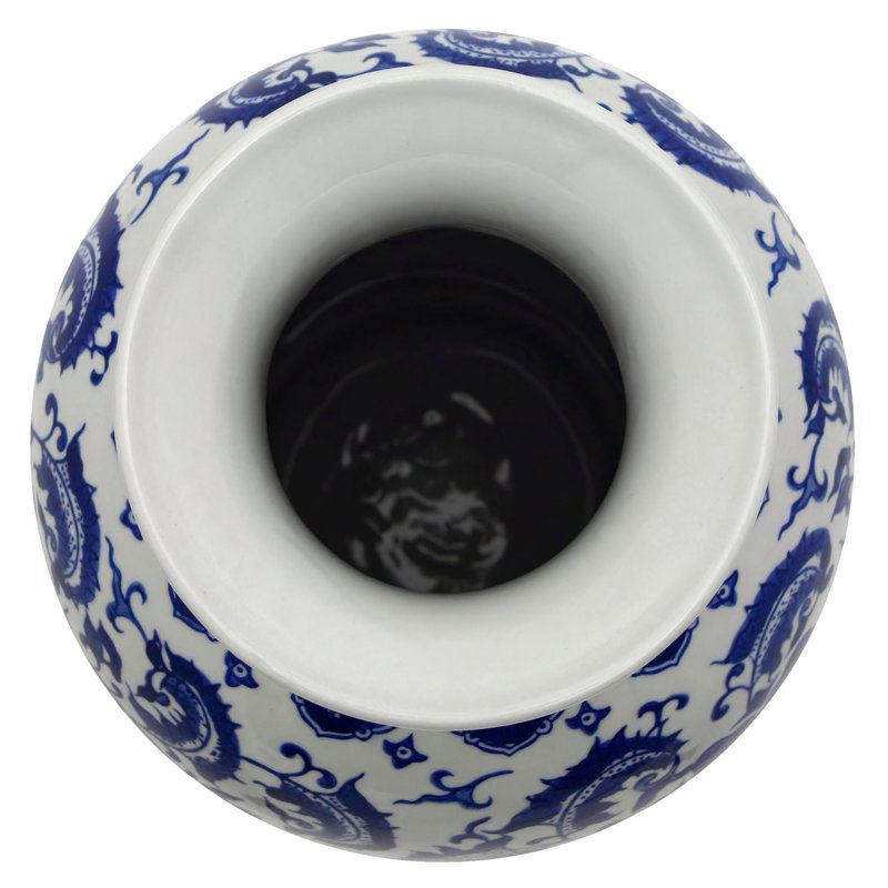 24" Blue And White Floral Porcelain Fishtail Vase, Blue, 18" H x 8.25" W x 8.25" D
