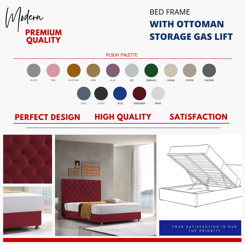 Adriella Upholstered Ottoman Storage Bed, Double (4'6), Burgundy