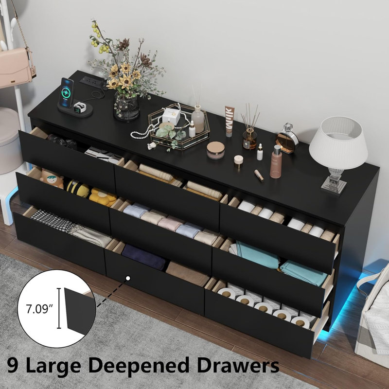 Floating 9 Drawer 63" W Triple Dresser, Black