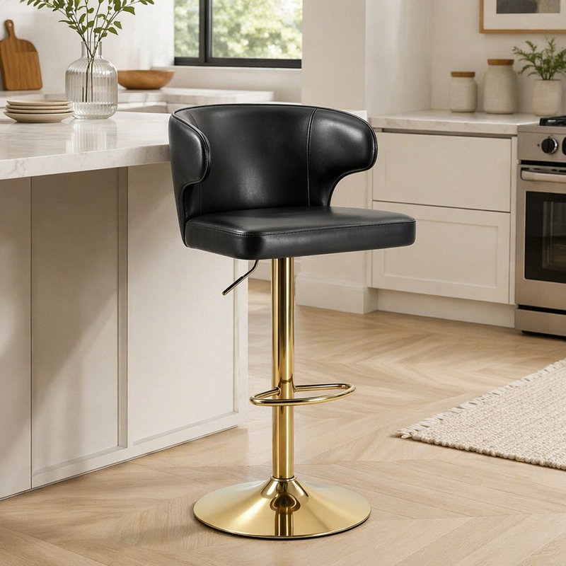 Chaise de bar moderne et rotative réglable, chaise pivotante avec dossier en cuir de polyuréthane, Black/Gold, 4, 33.8