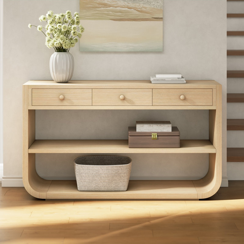 Console moderne avec 3 tiroirs à fermeture en douceur et 2 tablettes ouvertes, Naturel