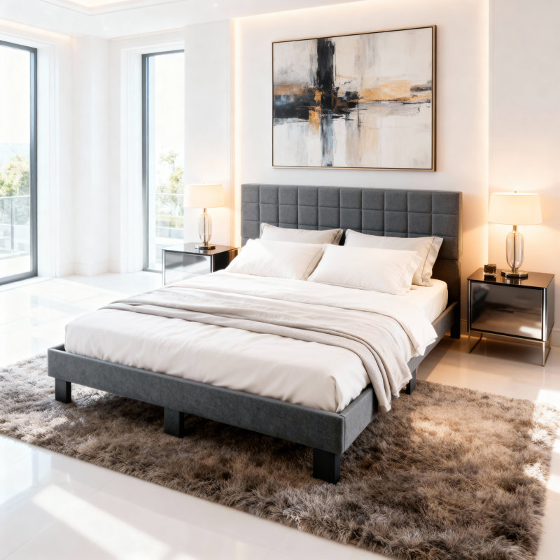 Structure de lit tapissier très grand Gewnee gris foncé avec tête de lit capitonnée en bois pour la chambre, Gris foncé
