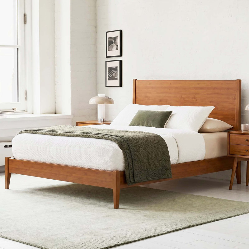 Structure de lit plateforme en bois de bambou massif de style Mid-Century avec lattes de bois et support en métal, lit sommier, assemblage facile