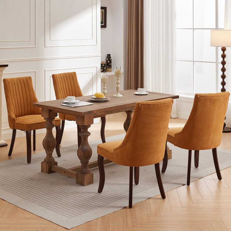 2 chaises de salle à manger, tissu en rayonne, haut soutien, pieds incurvés en bois massif, jaune, tissu d'ameublement en lin jaune de conception américaine, pour une expérience d'assise, coussin éponge rebond avec bandes de caoutchouc et acier