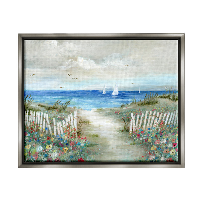 Tranquil Beachside Flower Meadow Ocean Sail Sailers par Nan - peinture sur toile à cadre flottant, Cadre flottant gris lustré