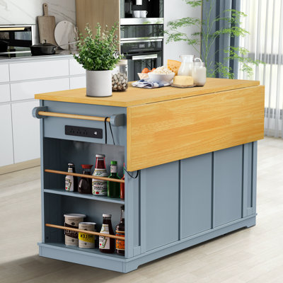 53.1"W Wood Kitchen Island with Drop Leaf, Kitchen Cart with Drawers, Cabinets, Spice Rack, Towel Bar, and Locking Wheels