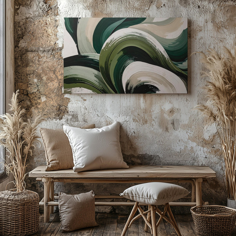 «Dynamic Green Leaves», art botanique abstrait avec coups de pinceau fluides, impression sur toile, prêt à accrocher
