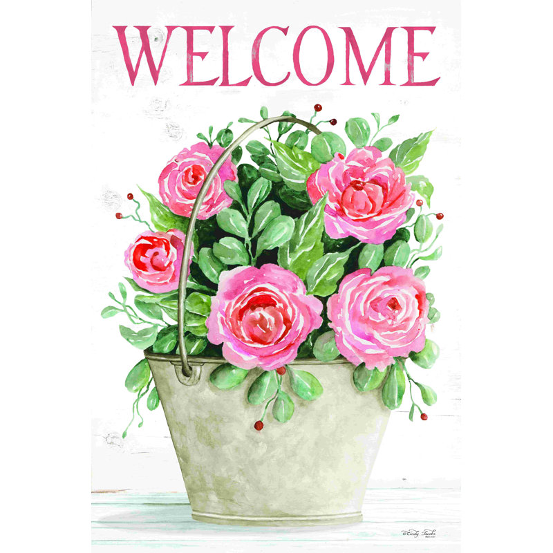 Welcome Roses in Pail par Cindy Jacobs, peinture, H 18 po x l 12 po, Non, Toile tendue