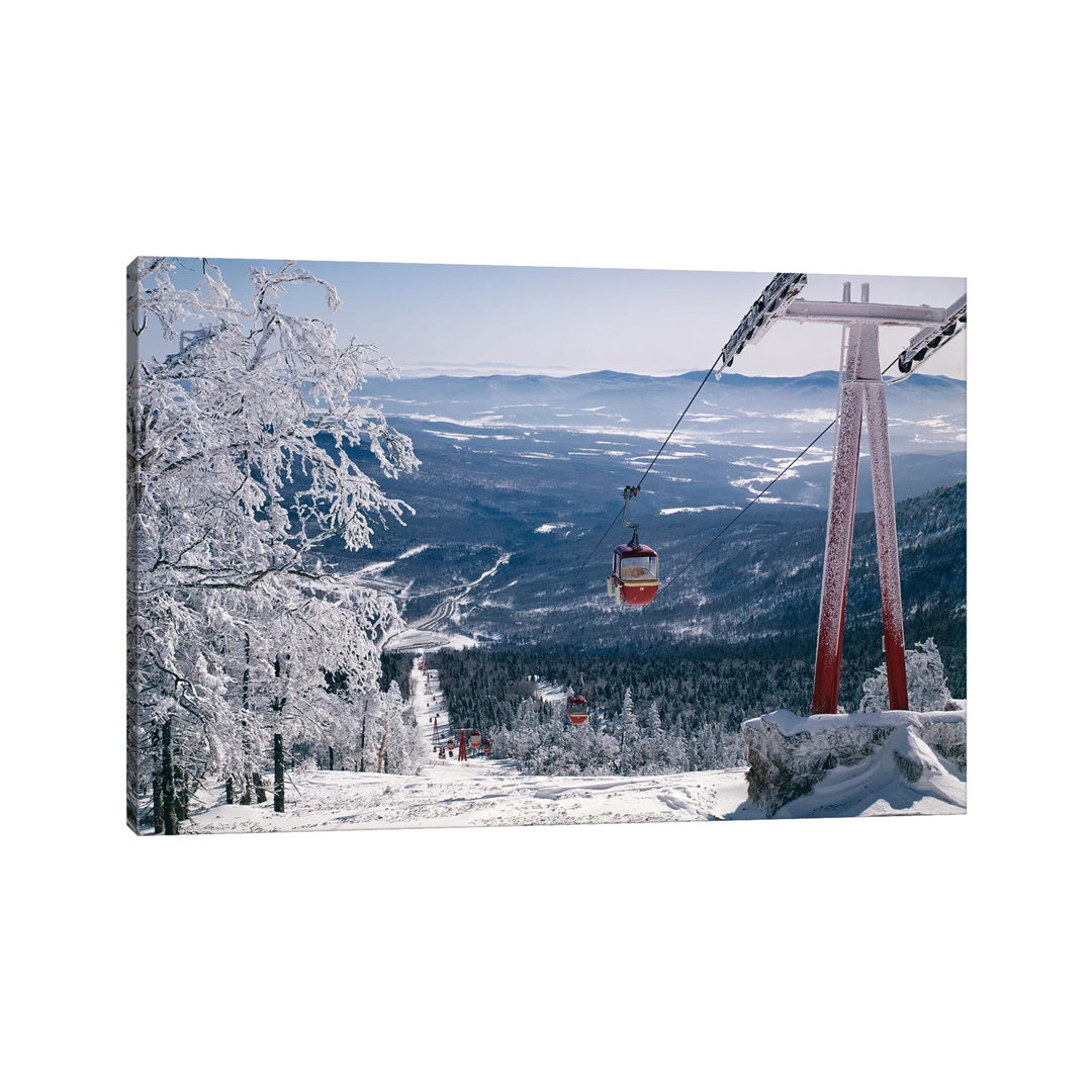 1970s Scenic from Top of Mountain Ski Slope Looking Down into Valley Ski Lift Red Cars Snow Vista by Vintage Images - Wrapped Canvas Photograph