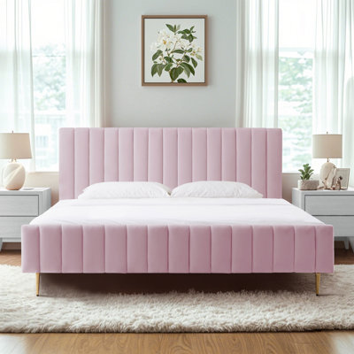Velvet Upholstered Wooden Platform Bed Frame with Headboard Footboard, No Box Spring Needed