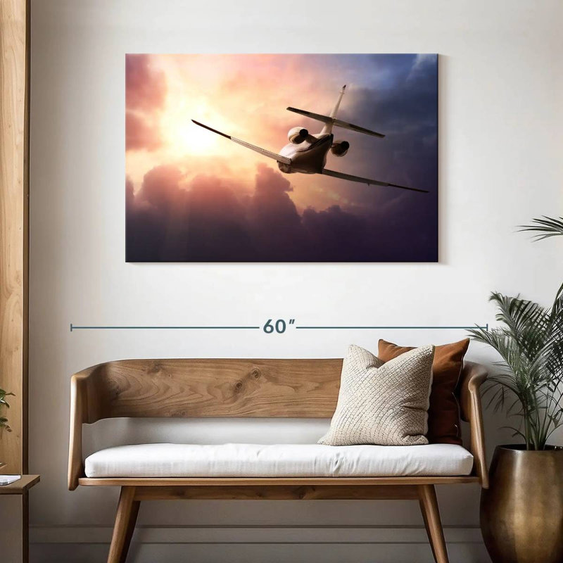 Avion Mehar au coucher du soleil, H 30 po x l 45 po