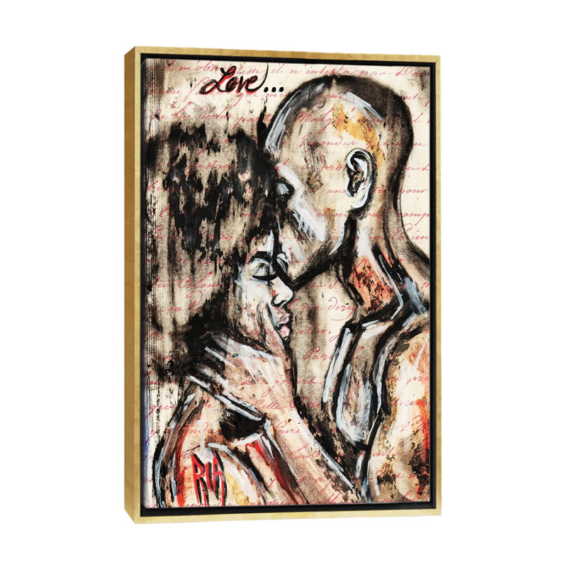«Love Story» par l'artiste Ria - reproduction d'art, H 60 po x l 40po x P 1,5 po, Toile encadrée d'or, Aucun mat