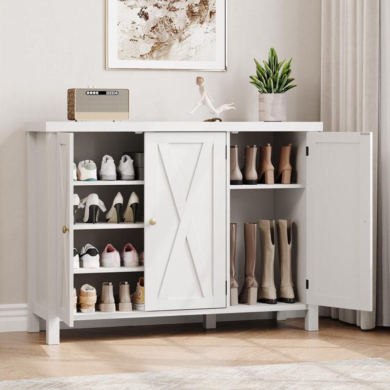 35" Farmhouse Shoe Cabinet with Doors, Large 4-Tier Entryway Shoe Storage Organizer for Home Hallway, White