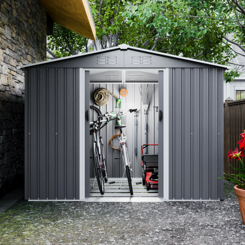 8x6 Ft Outdoor Storage Shed With Lockable Doors - Galvanized Steel For Garden, Patio, Backyard, Lawn, Gray All Weather, Wear Metal Weather In Rainproof