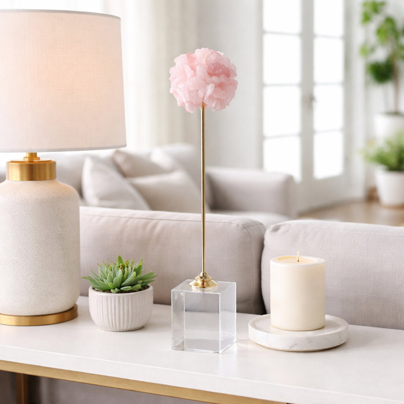 Calume Decorative Sculpture Metal Marble Stone Accent With Clustered Crystal-Inspired Form On Sleek Metallic Rod And Cubic Base For Modern Stylish Display Or Versatile Interior