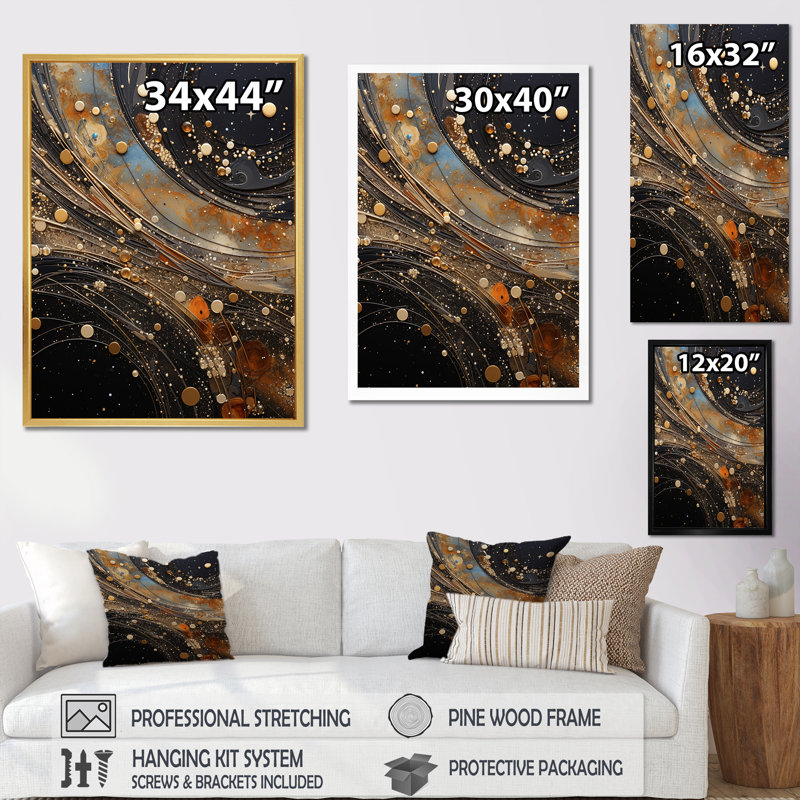 Constellation or étoilé et noir - collages abstraits, impressions d'art mural, Toile tendue, H 20 po x l 12 po