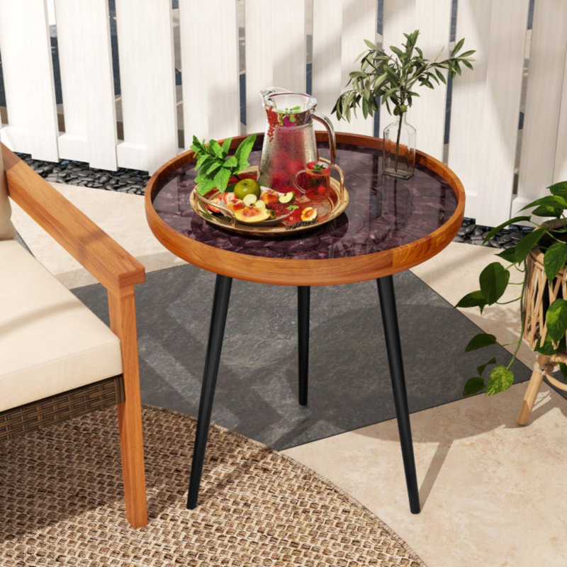 Table de bout ronde de 20 pouces avec décoration de coquillage et finition en résine époxy, Brun