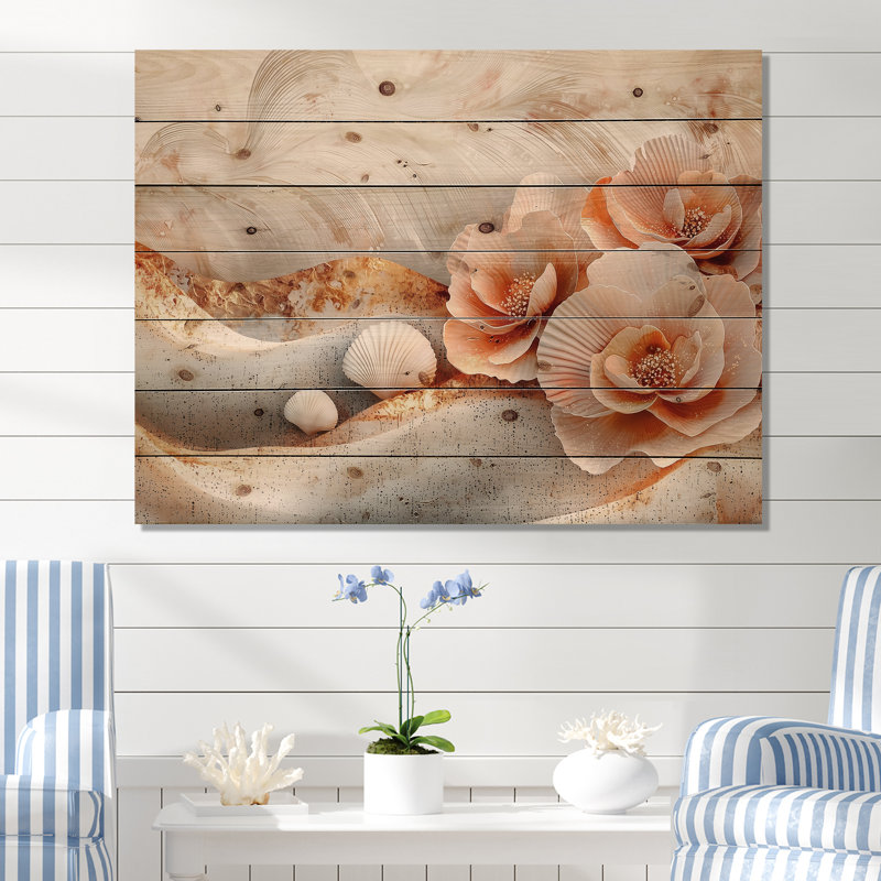 Coquillage blanc et paysage de plage marbré II - art mural bois côtier - sur bois de pin naturel