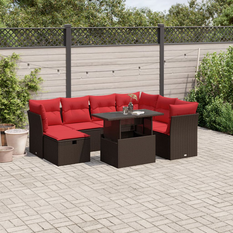  Ensemble de canapé de patio 8 pièces avec coussins en rotin de polyester, Rouge, Brun