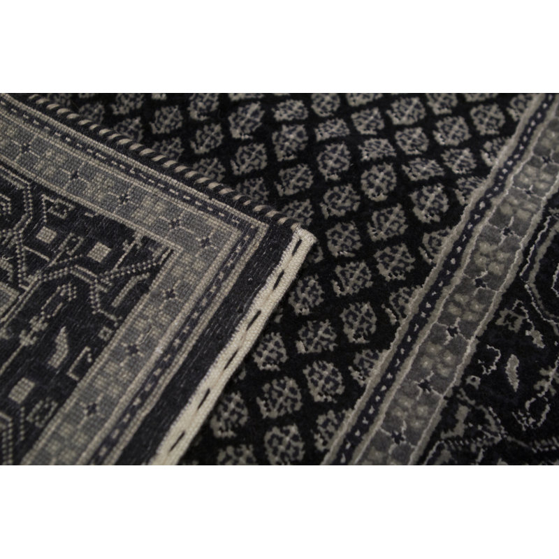 Runner Oriental Hand Knotted Wool Black/Beige Area Rug