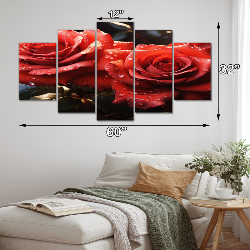 Décoration murale florale rouge matinée et rouge brillant - 5 panneaux